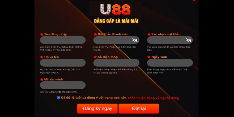 Biểu mẫu hệ thống cung cấp để đăng ký U88